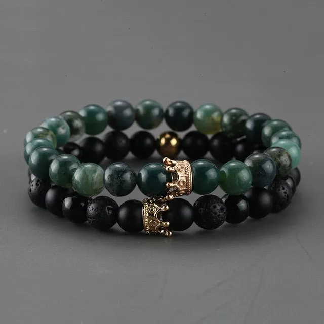 2pcs Charm paired Bracelet for Men gold Crown Women's Bracelets Natural Stone Beads Wristband Boho Couple Bracelet Gifts Friends