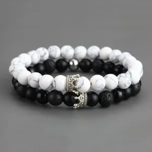 2pcs Charm paired Bracelet for Men gold Crown Women's Bracelets Natural Stone Beads Wristband Boho Couple Bracelet Gifts Friends