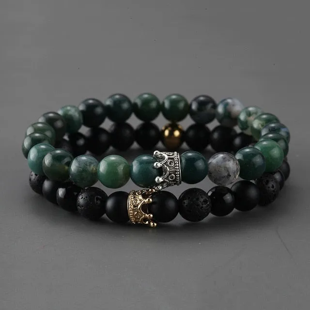 2pcs Charm paired Bracelet for Men gold Crown Women's Bracelets Natural Stone Beads Wristband Boho Couple Bracelet Gifts Friends