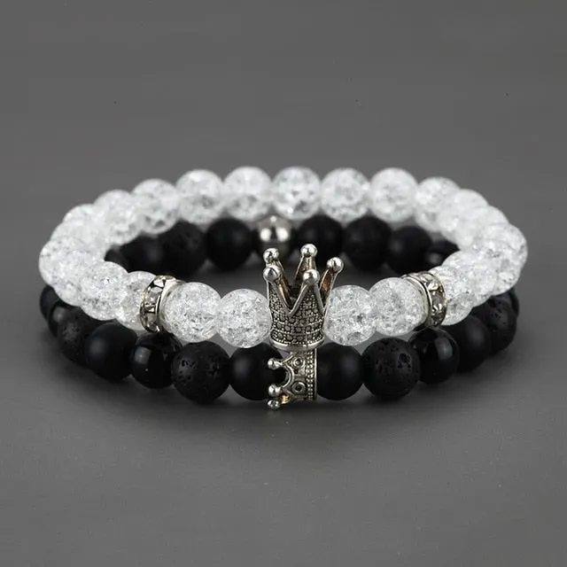 2pcs Charm paired Bracelet for Men gold Crown Women's Bracelets Natural Stone Beads Wristband Boho Couple Bracelet Gifts Friends