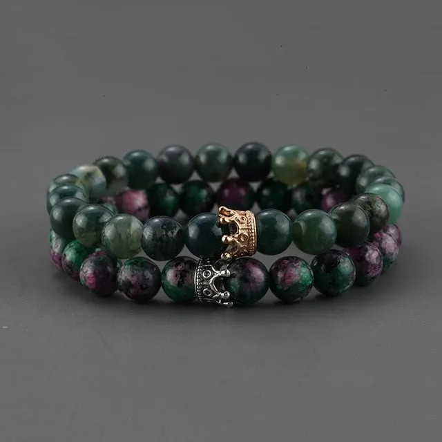 2pcs Charm paired Bracelet for Men gold Crown Women's Bracelets Natural Stone Beads Wristband Boho Couple Bracelet Gifts Friends