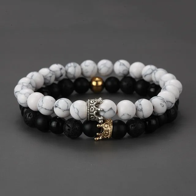 2pcs Charm paired Bracelet for Men gold Crown Women's Bracelets Natural Stone Beads Wristband Boho Couple Bracelet Gifts Friends