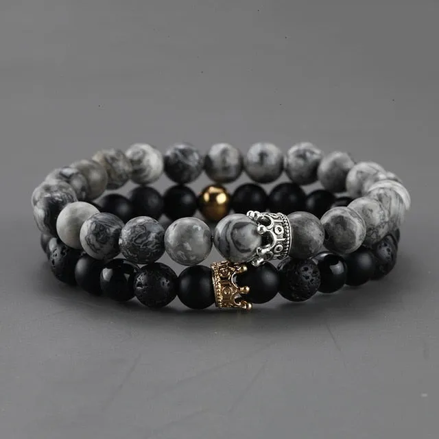 2pcs Charm paired Bracelet for Men gold Crown Women's Bracelets Natural Stone Beads Wristband Boho Couple Bracelet Gifts Friends