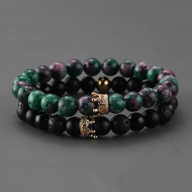 2pcs Charm paired Bracelet for Men gold Crown Women's Bracelets Natural Stone Beads Wristband Boho Couple Bracelet Gifts Friends