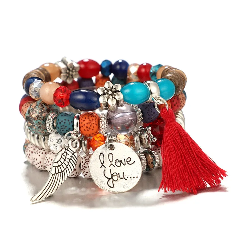 4pcs Bohemian Wing Tassel Bracelet Set