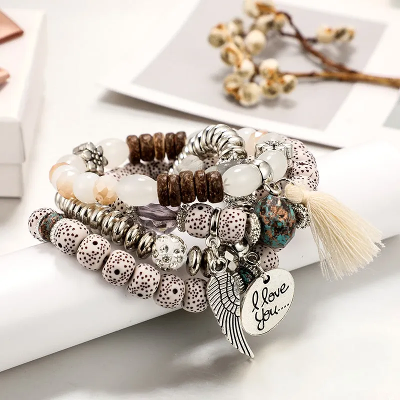 4pcs Bohemian Wing Tassel Bracelet Set