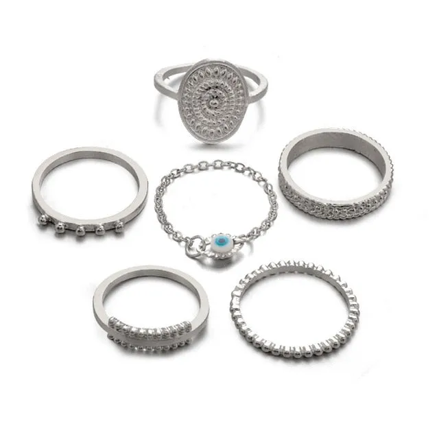 6 pc/set Bohemian Gold Color Eye Flower Rings Set
