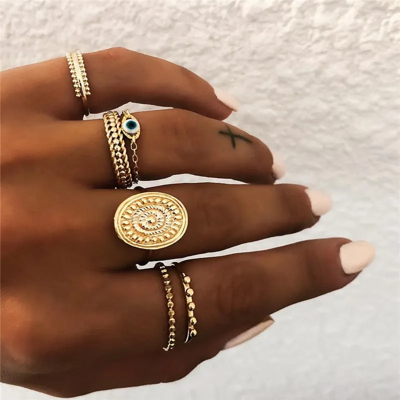 6 pc/set Bohemian Gold Color Eye Flower Rings Set