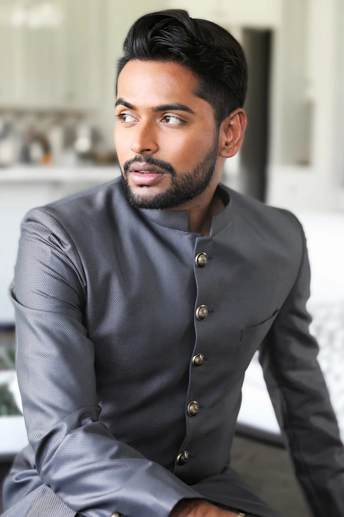 Aditya Madiraju In Our - Grey Self Textured Achkan set