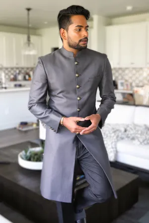 Aditya Madiraju In Our - Grey Self Textured Achkan set