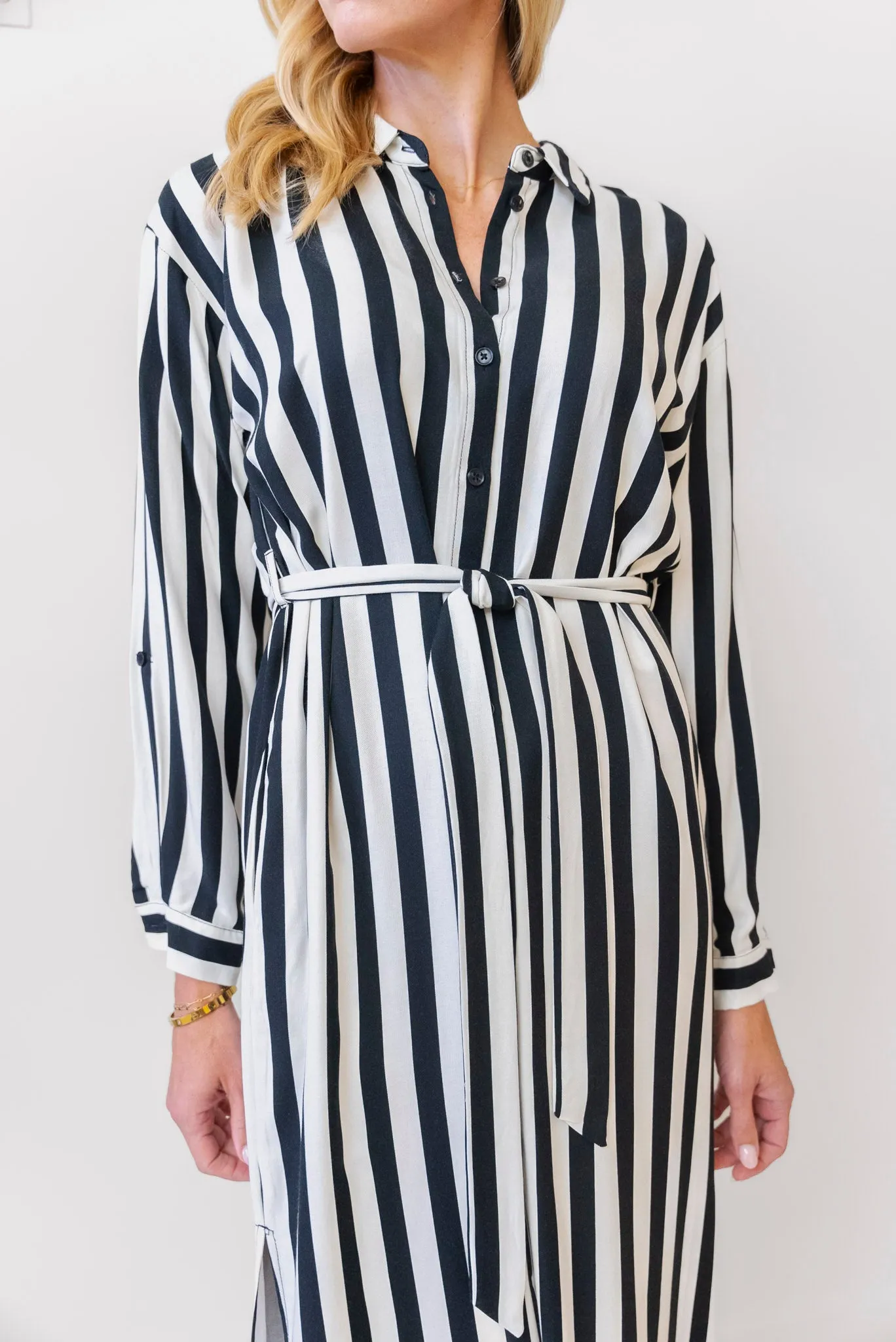 Apricot B&W Striped Shirt Dress