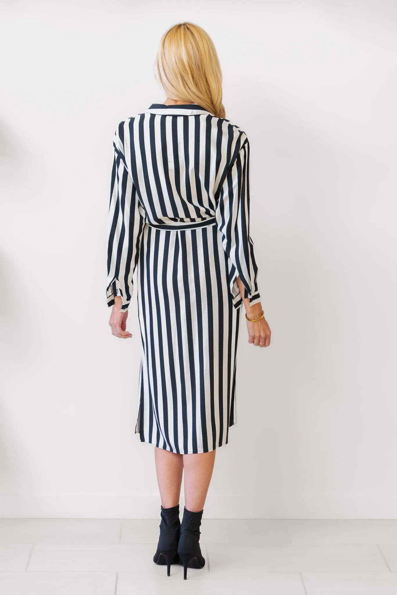 Apricot B&W Striped Shirt Dress