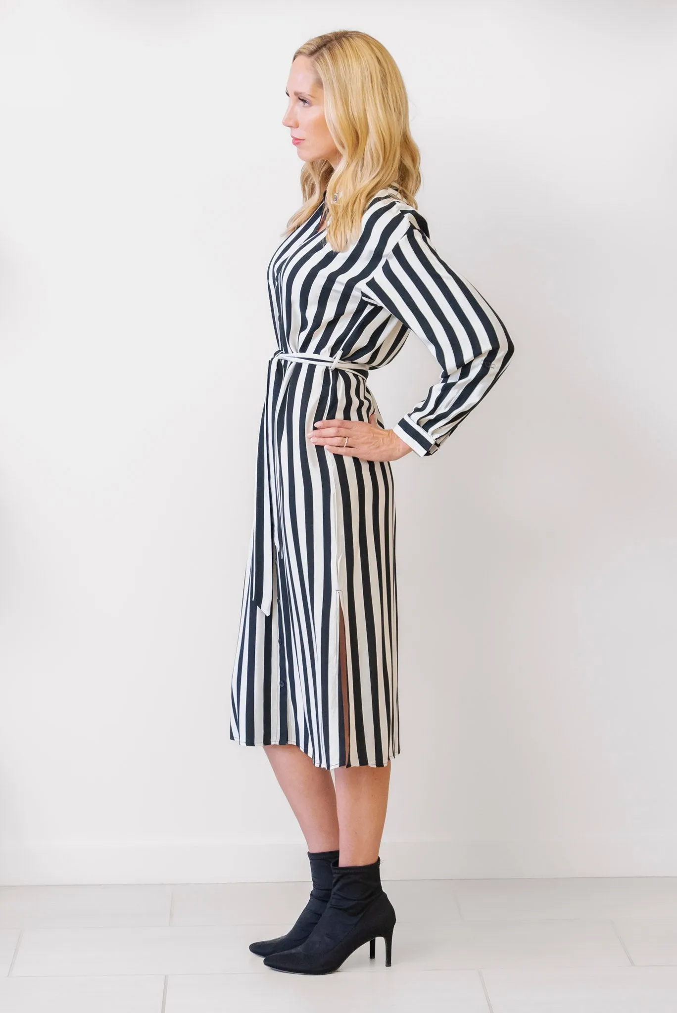 Apricot B&W Striped Shirt Dress