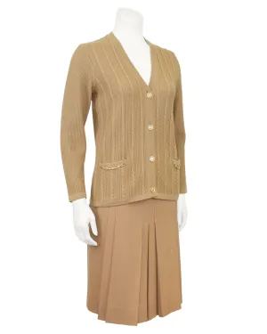 Beige Wool Cardigan and Gabardine Skirt Ensemble