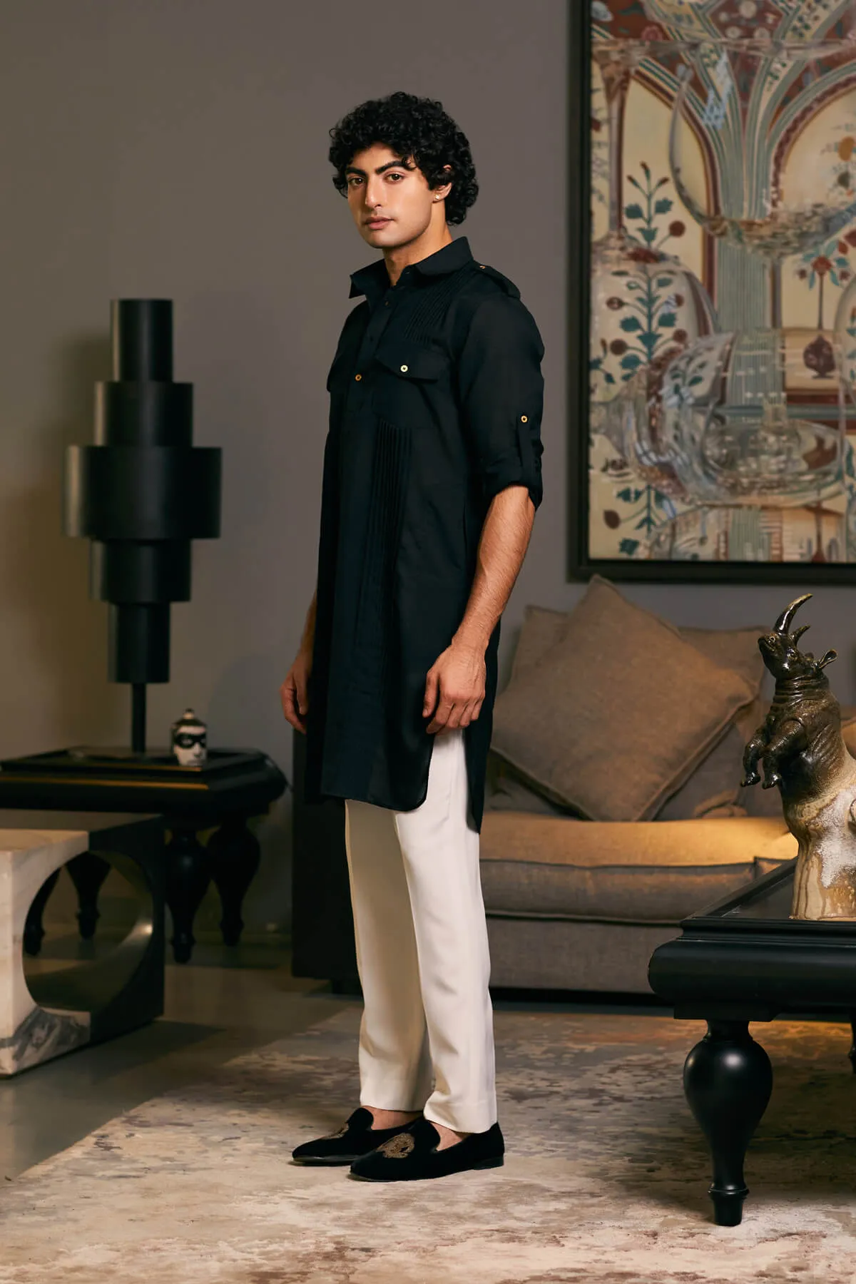 Black blended linen pintuck kurta
