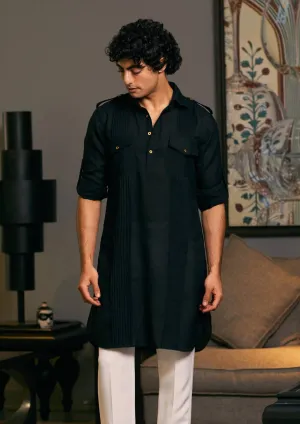 Black blended linen pintuck kurta