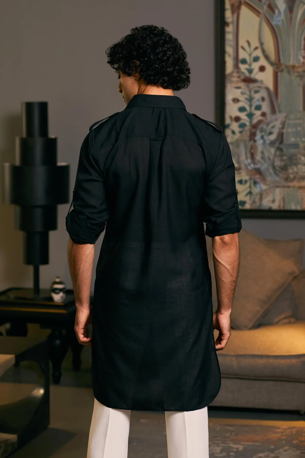 Black blended linen pintuck kurta