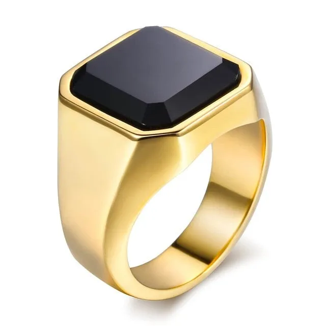 Black Carnelian Gold Tone Ring Stainless Steel Square Shape Royal Jewelry