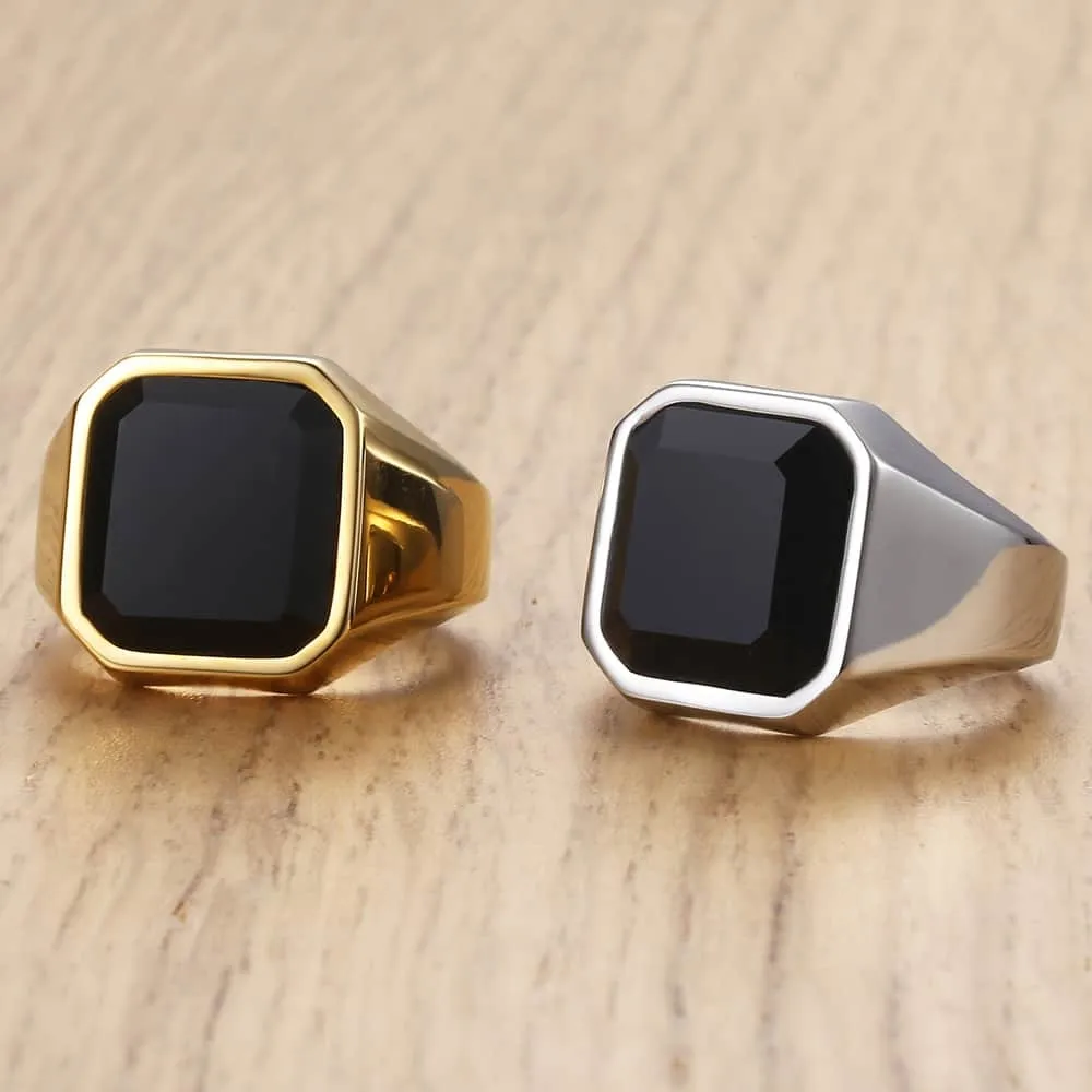 Black Carnelian Gold Tone Ring Stainless Steel Square Shape Royal Jewelry