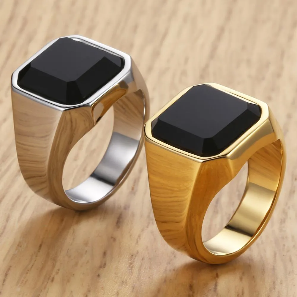 Black Carnelian Gold Tone Ring Stainless Steel Square Shape Royal Jewelry
