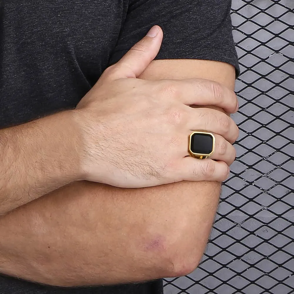 Black Carnelian Gold Tone Ring Stainless Steel Square Shape Royal Jewelry