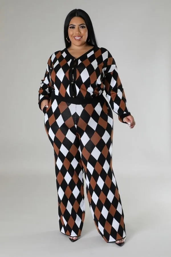 Black Multi Diamond Patterned Long Sleeves Stretch Pant Set