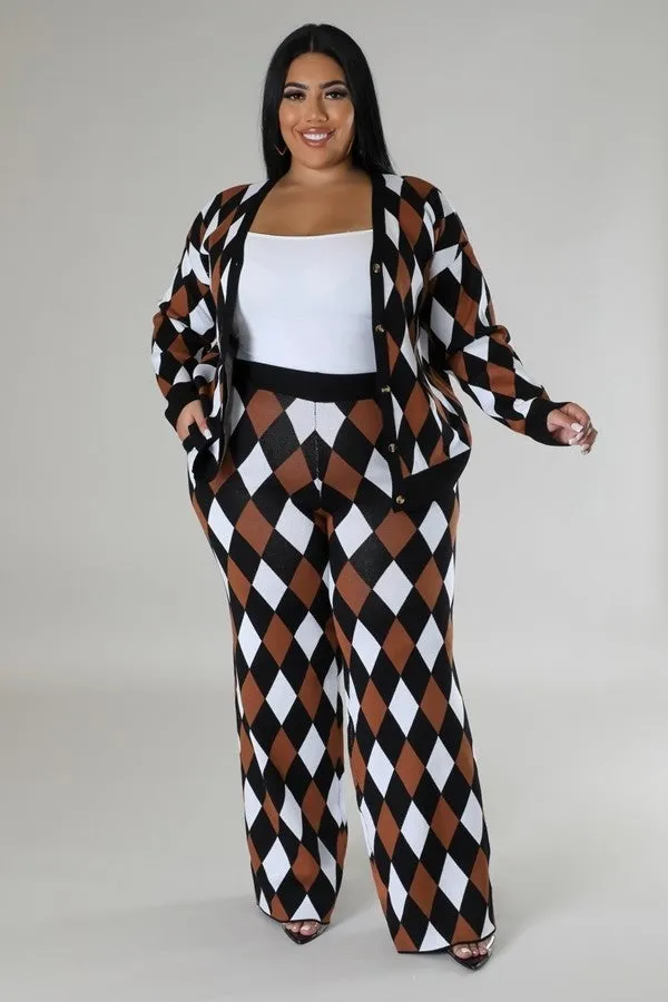 Black Multi Diamond Patterned Long Sleeves Stretch Pant Set