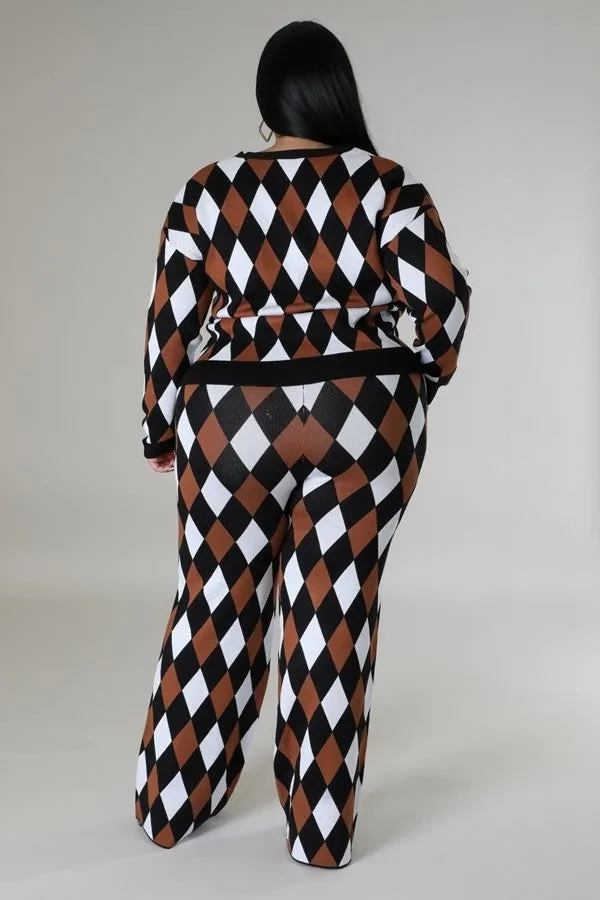 Black Multi Diamond Patterned Long Sleeves Stretch Pant Set