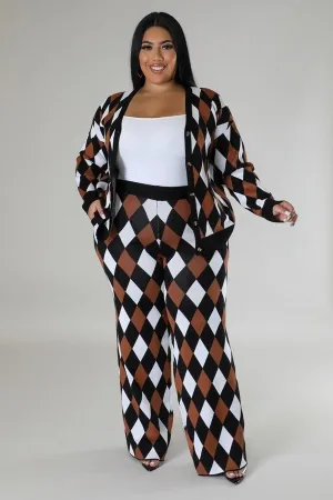 Black Multi Diamond Patterned Long Sleeves Stretch Pant Set