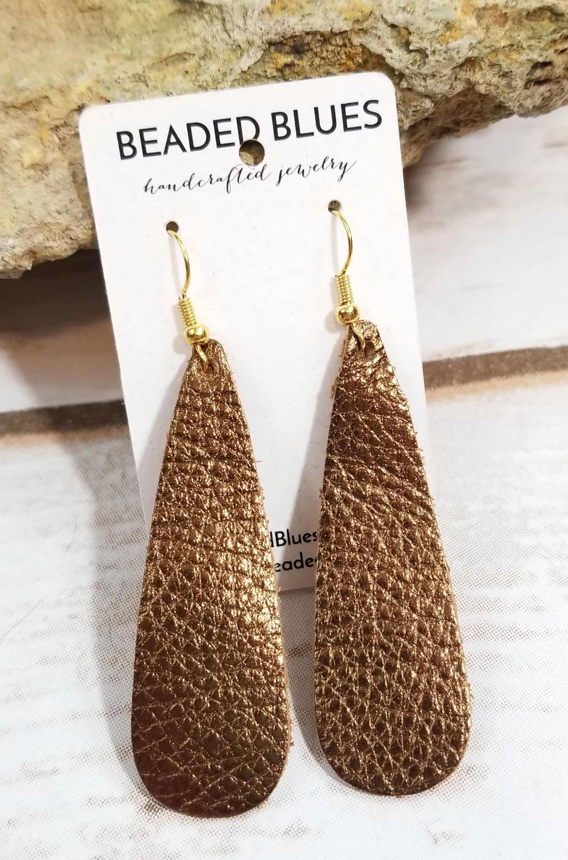 Bronze Shimmer Textured Oblong Teardrop Leather Earrings