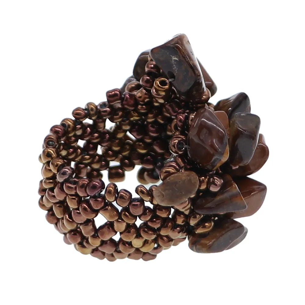 Brown Faux Crystal Seed Bead Elastic Ring