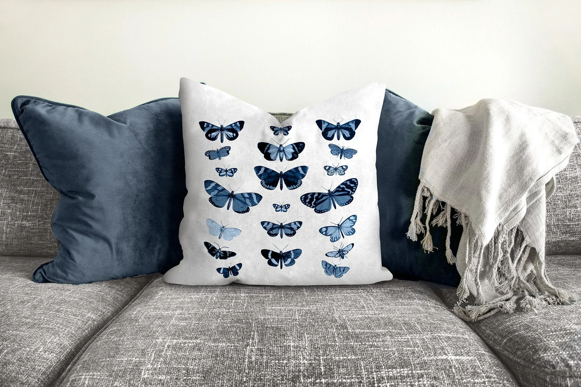 Butterflies pillow, blue pillow, indigo, botanical, natural decor, home decor, pillow cover, pillow insert, pillow case, insect art
