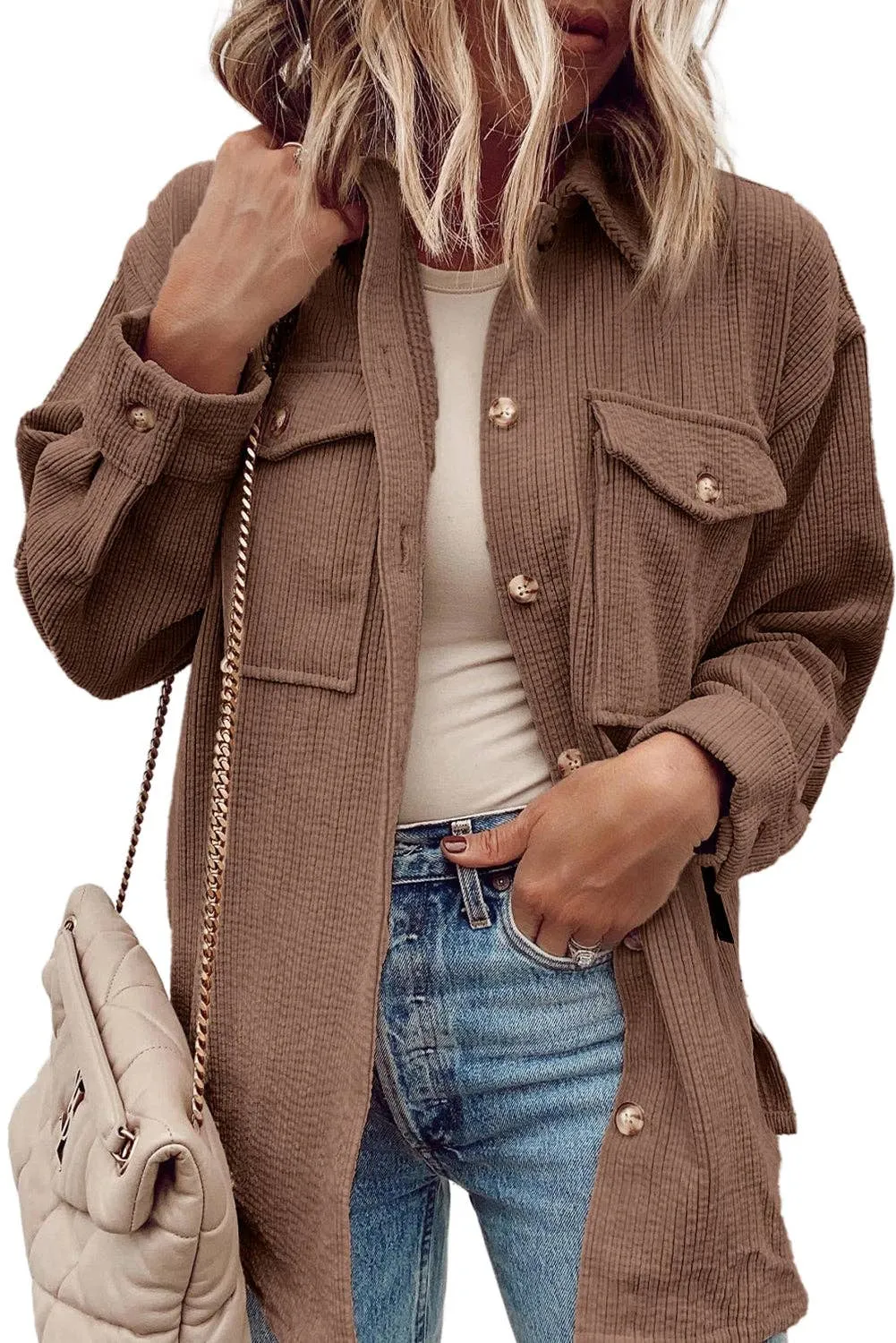 Chestnut Corduroy Button Shacket