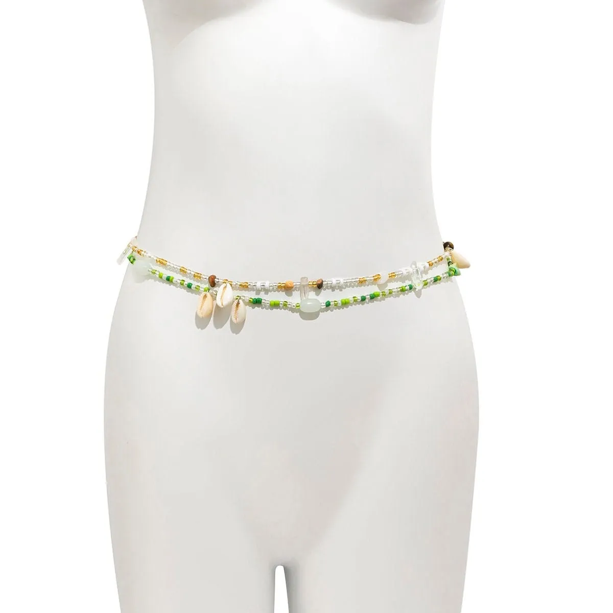Chic Layered Natural Stone Charm Cowry Tassel Seed Beaded Belly Chain Set