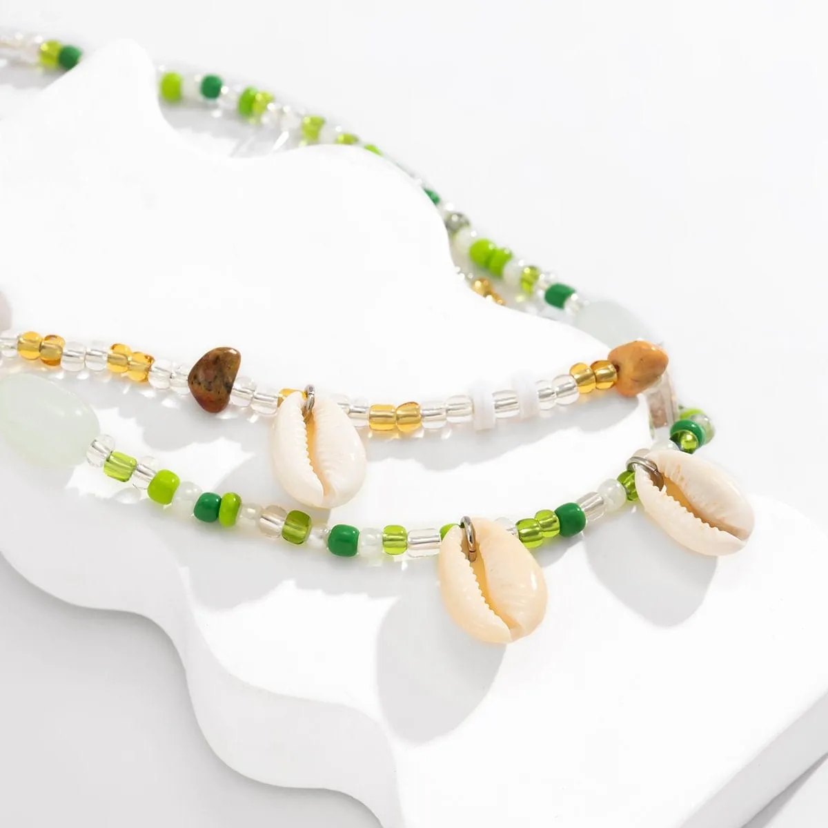 Chic Layered Natural Stone Charm Cowry Tassel Seed Beaded Belly Chain Set