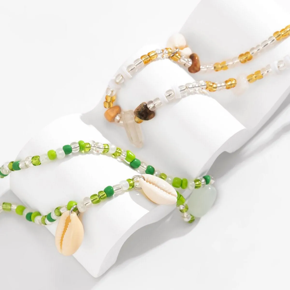 Chic Layered Natural Stone Charm Cowry Tassel Seed Beaded Belly Chain Set