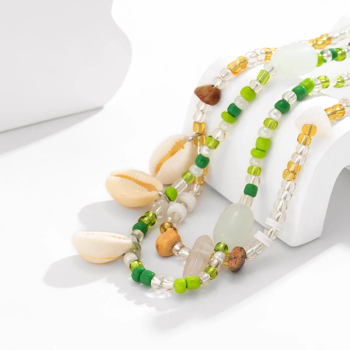 Chic Layered Natural Stone Charm Cowry Tassel Seed Beaded Belly Chain Set