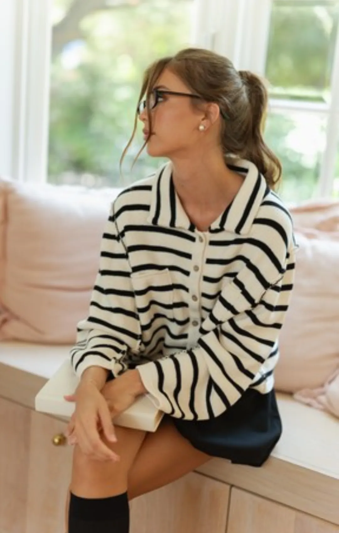 Collared Stripe Button Knitted Cardigan