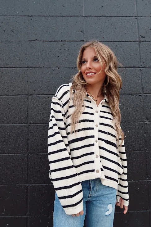 Collared Stripe Button Knitted Cardigan