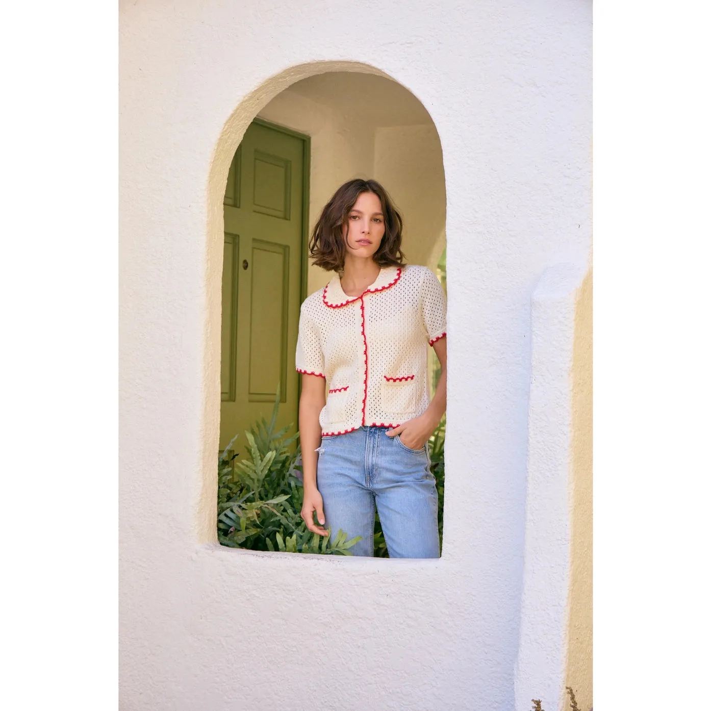Contrast Scallop Cardigan - Red/Cream