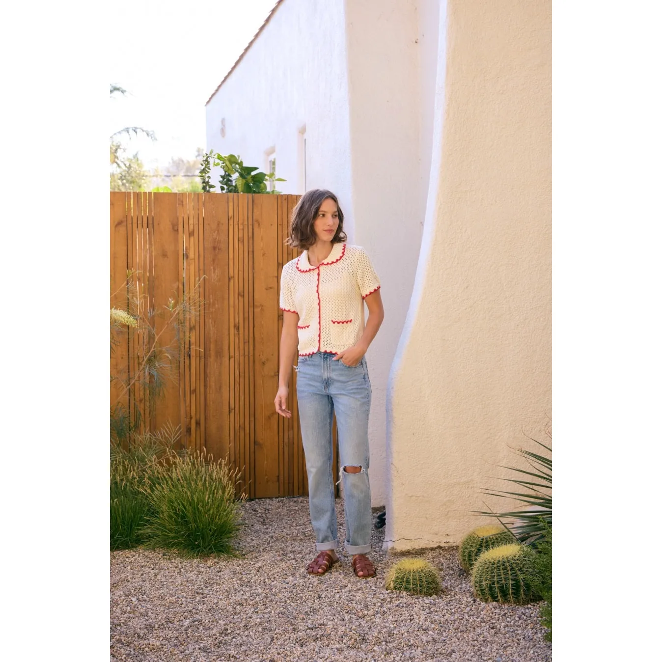 Contrast Scallop Cardigan - Red/Cream