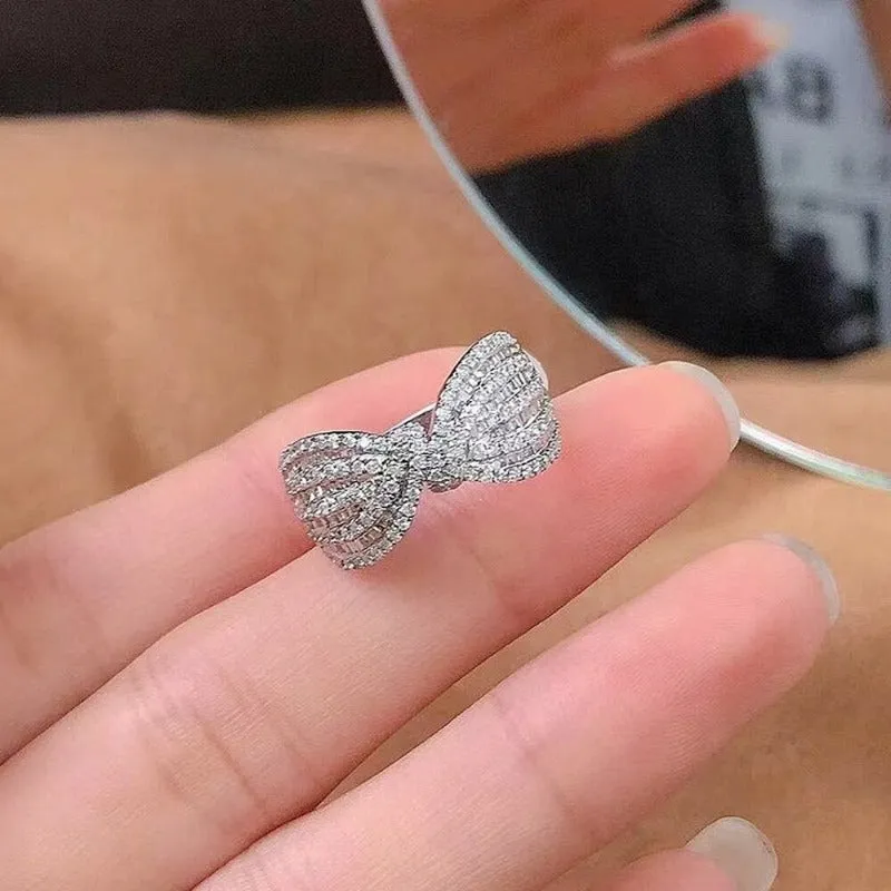 Dazzling Silver Fancy Bow Ring Women Wedding Band Jewelry