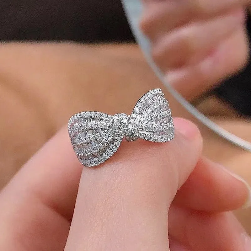 Dazzling Silver Fancy Bow Ring Women Wedding Band Jewelry