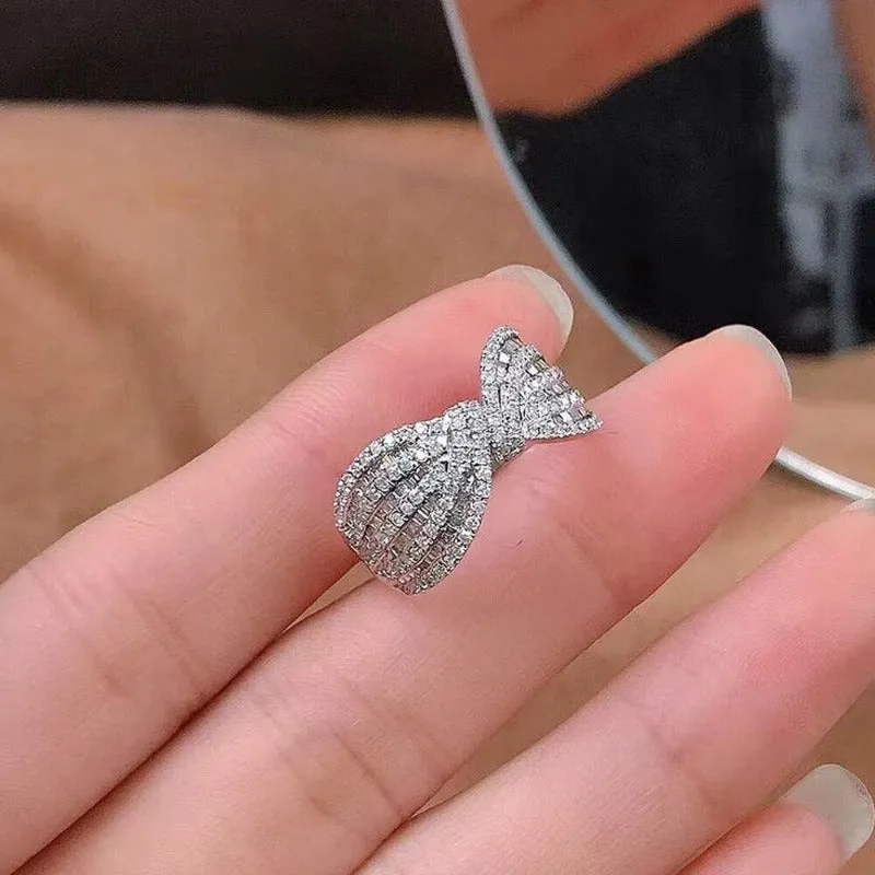 Dazzling Silver Fancy Bow Ring Women Wedding Band Jewelry