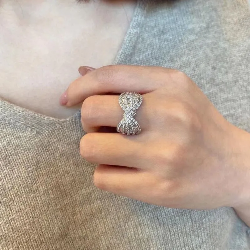 Dazzling Silver Fancy Bow Ring Women Wedding Band Jewelry