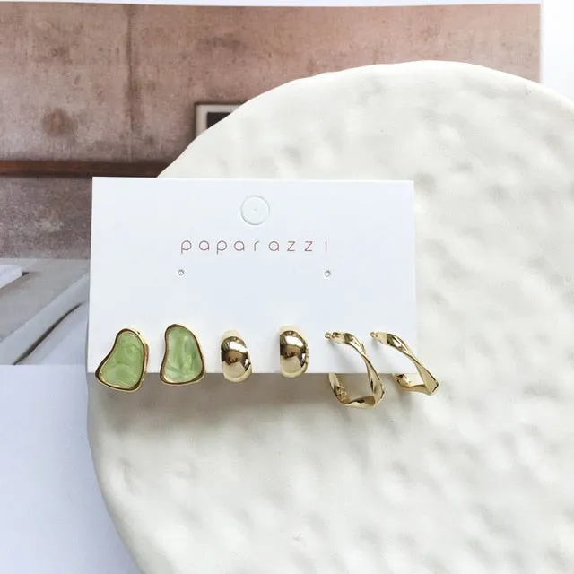 Delicate Jewelry 3 Sets Earrings Green Blue Pink Enamel Small stud Earrings Golden Jewelry