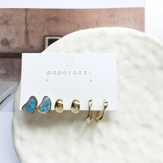 Delicate Jewelry 3 Sets Earrings Green Blue Pink Enamel Small stud Earrings Golden Jewelry