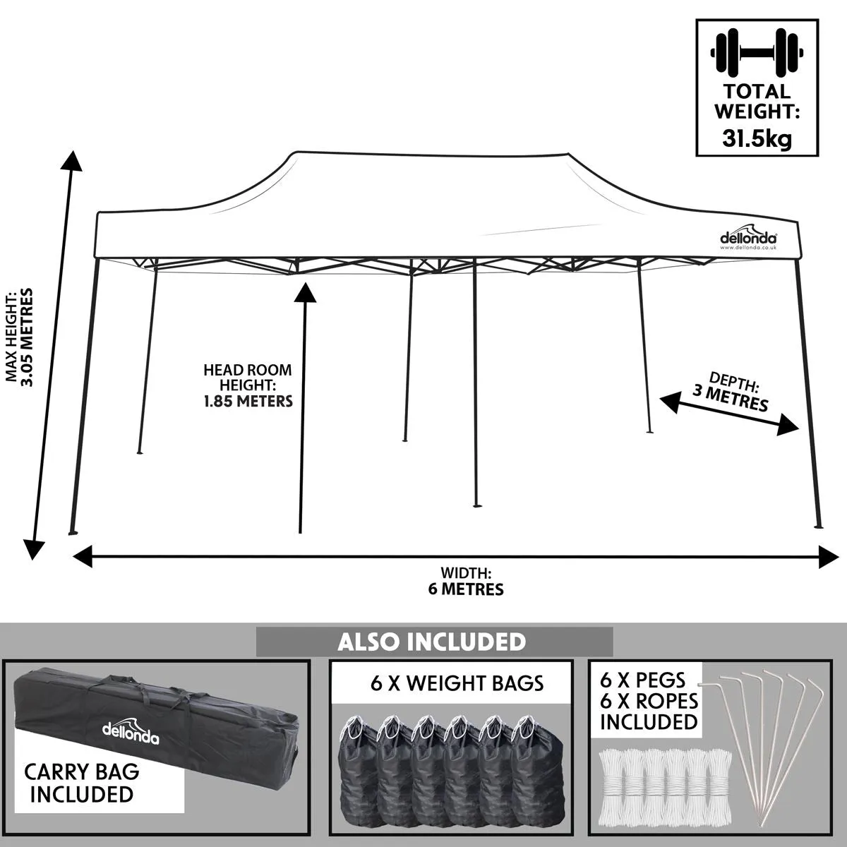 Dellonda Premium 3x6m Pop-Up Gazebo, Heavy Duty, PVC Coated, Water Resistant Fabric, Supplied with Carry Bag, Rope, Stakes & Weight Bags - Blue Canopy