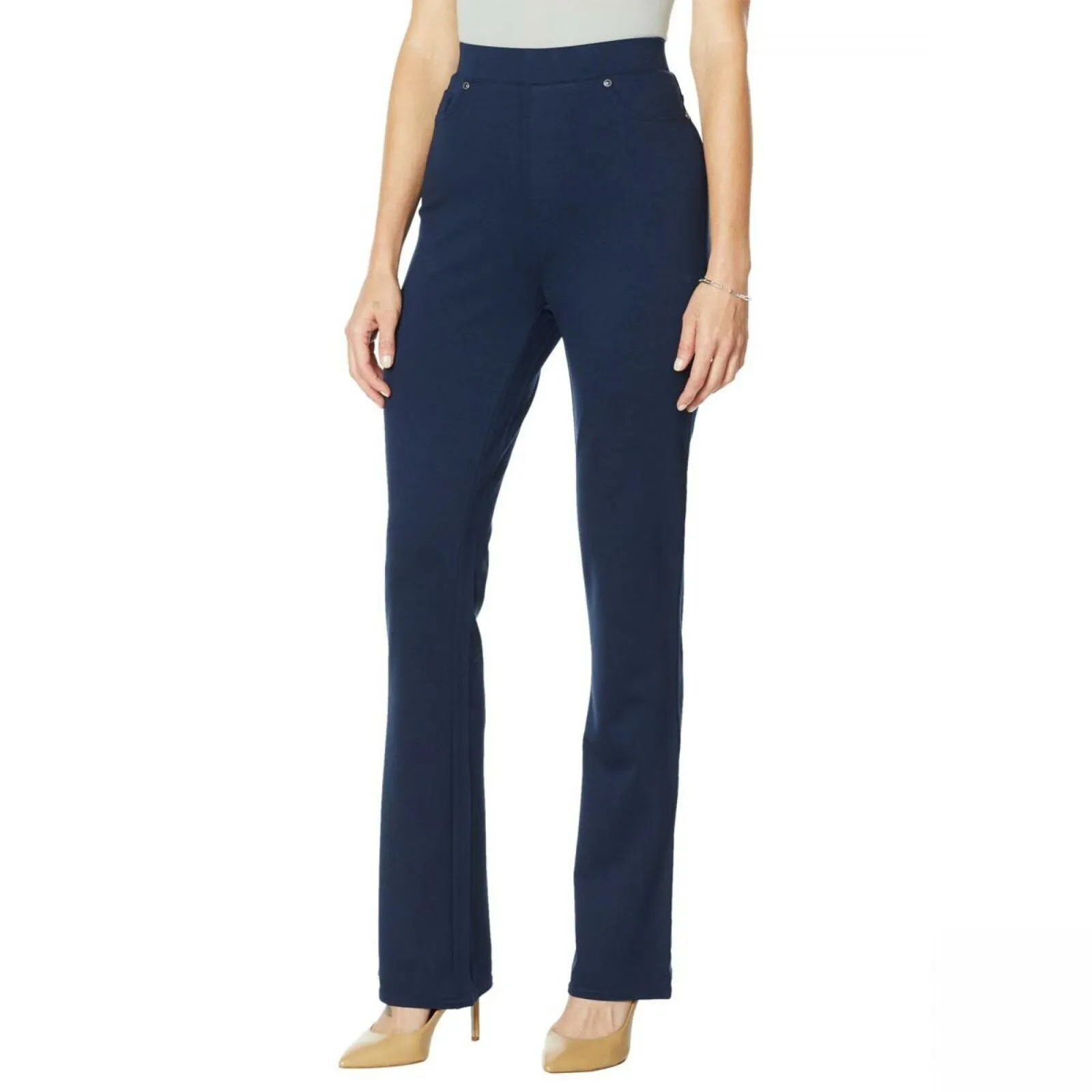 DG2 by Diane Gilman Pull On Stretch Ponte Boot-Cut Pants Navy Small