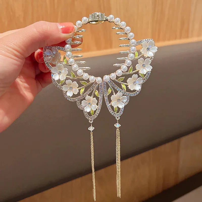 Elegant Luxury Rhinestone Tassel Ponytail Hair Claws Sweet Meatball Hair Clips Headband Fashion Hair Accessories